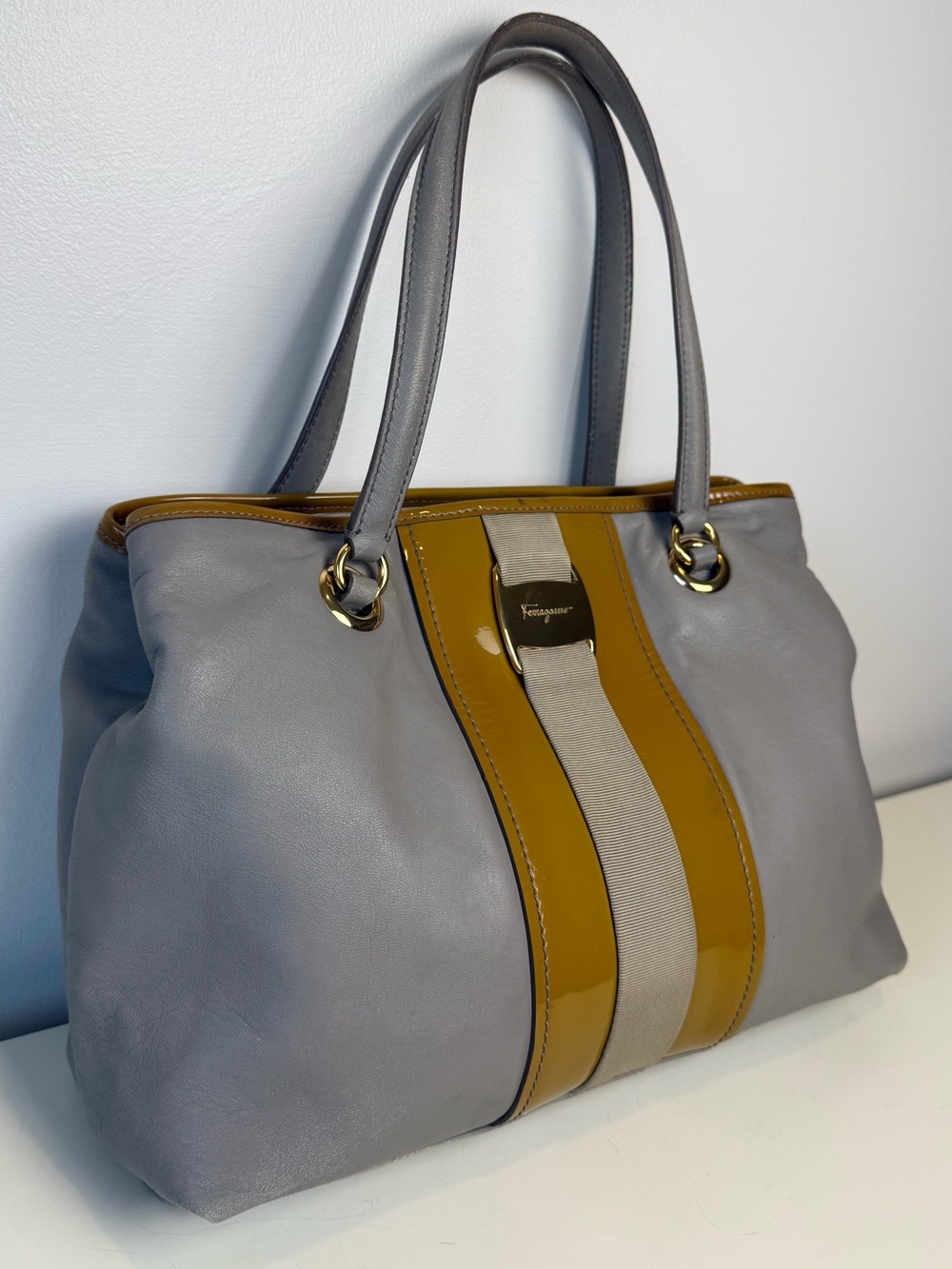 Salvatore Ferragamo Gray and Mustard Stripe Leather Tote